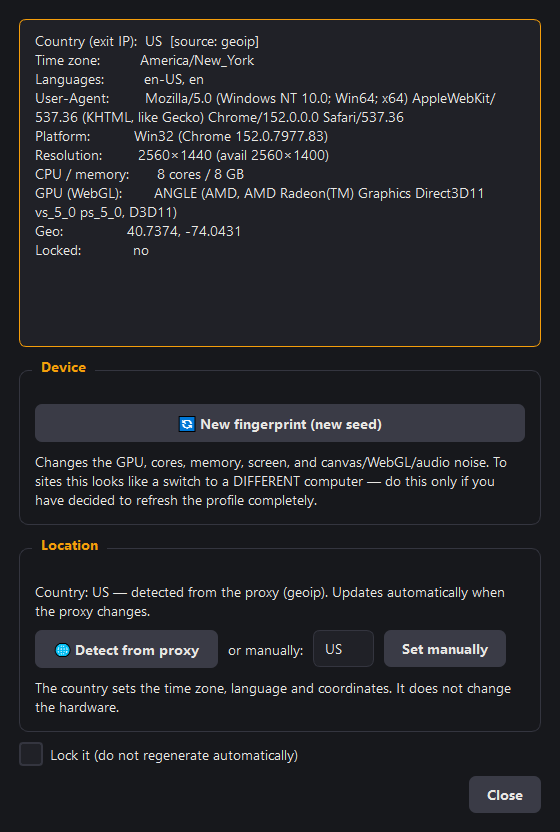 The fingerprint window: a summary at the top, and separate "Device" and "Location" blocks