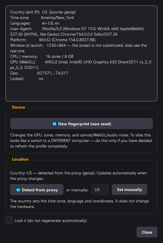 The fingerprint window: a summary at the top, and separate "Device" and "Location" blocks