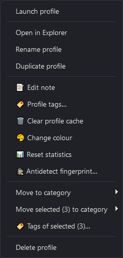 A profile's context menu: categories, note, fingerprint, colour