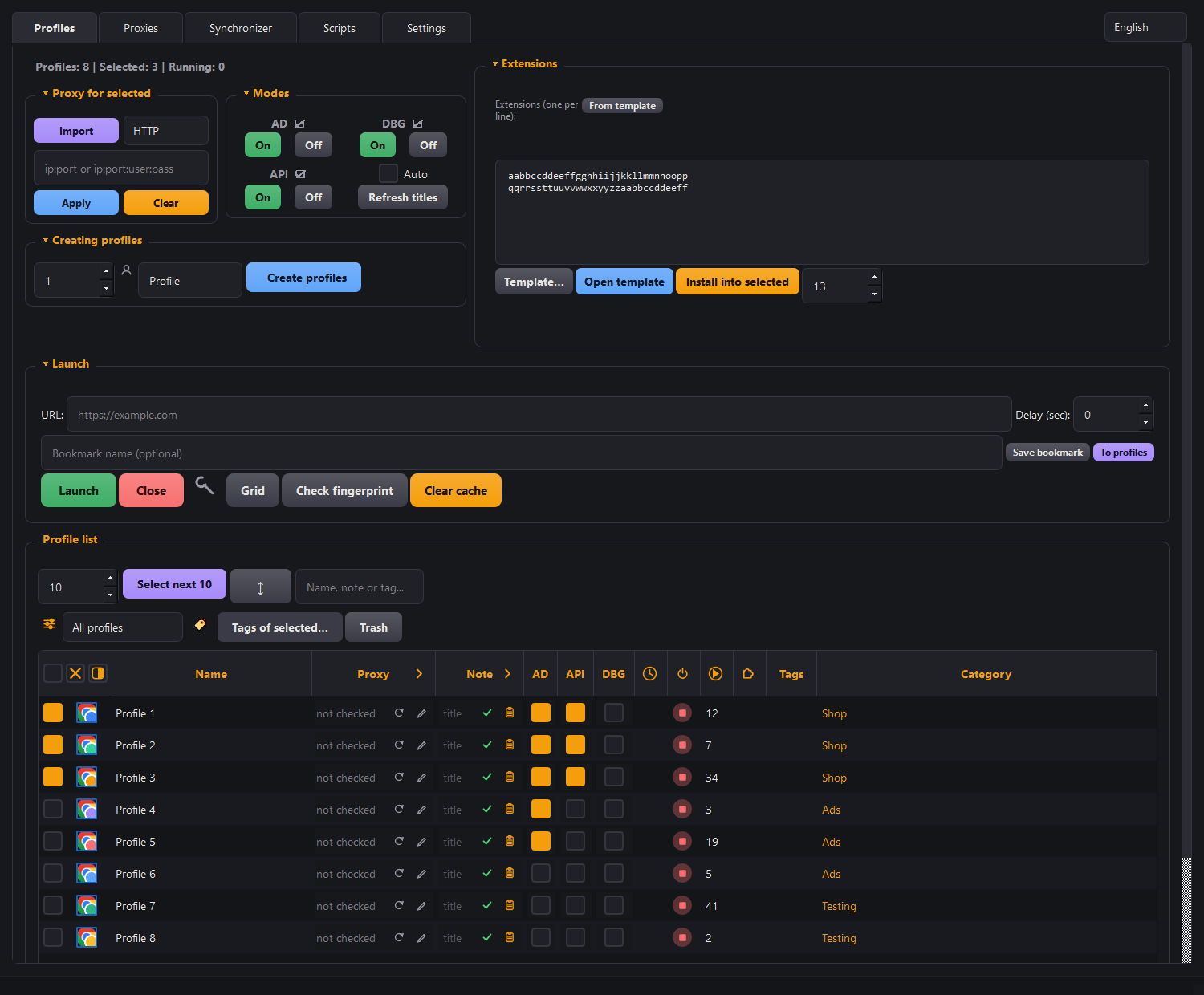 The Morfiade window: a table of profiles with proxies, categories and notes