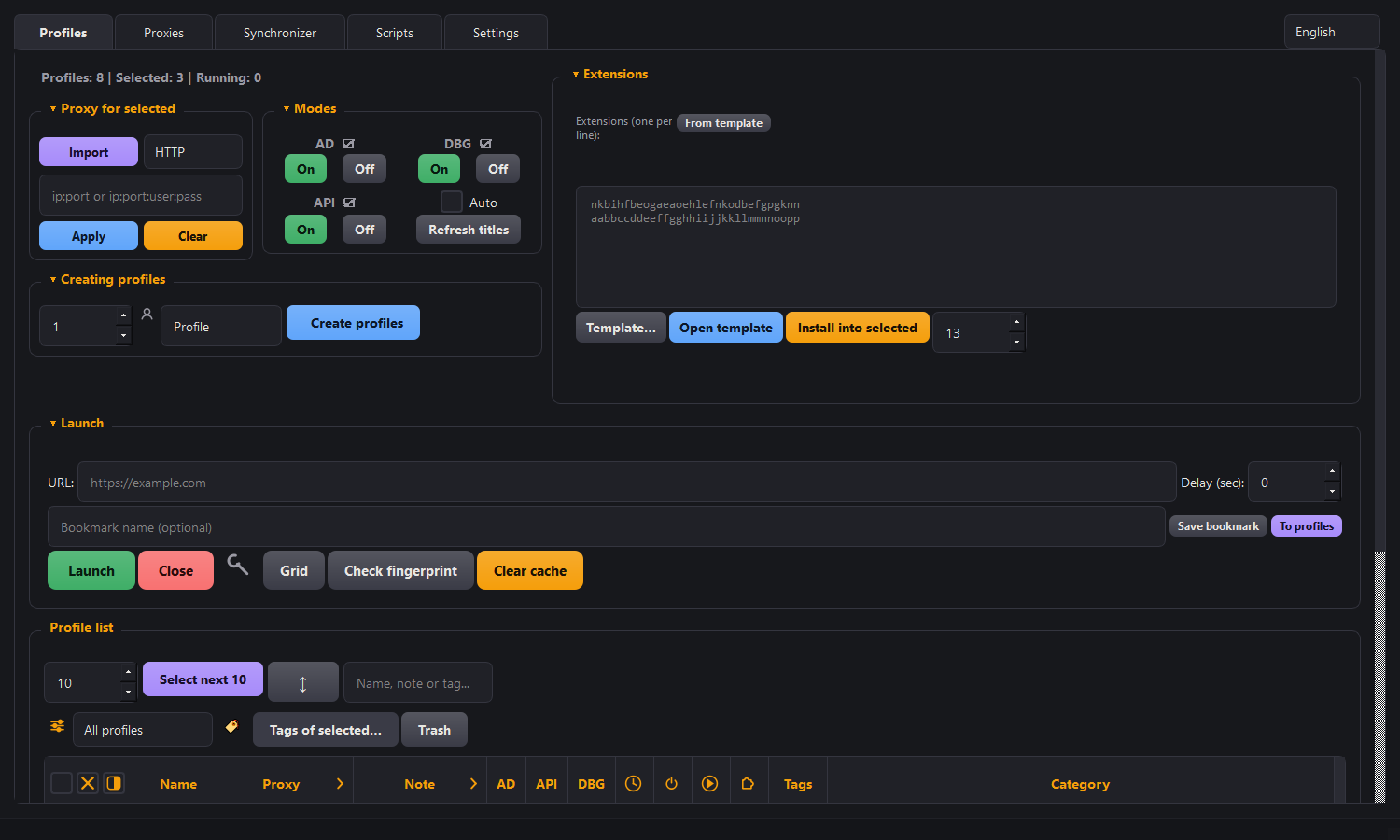 The Morfiade window: a table of profiles with proxies, categories and notes