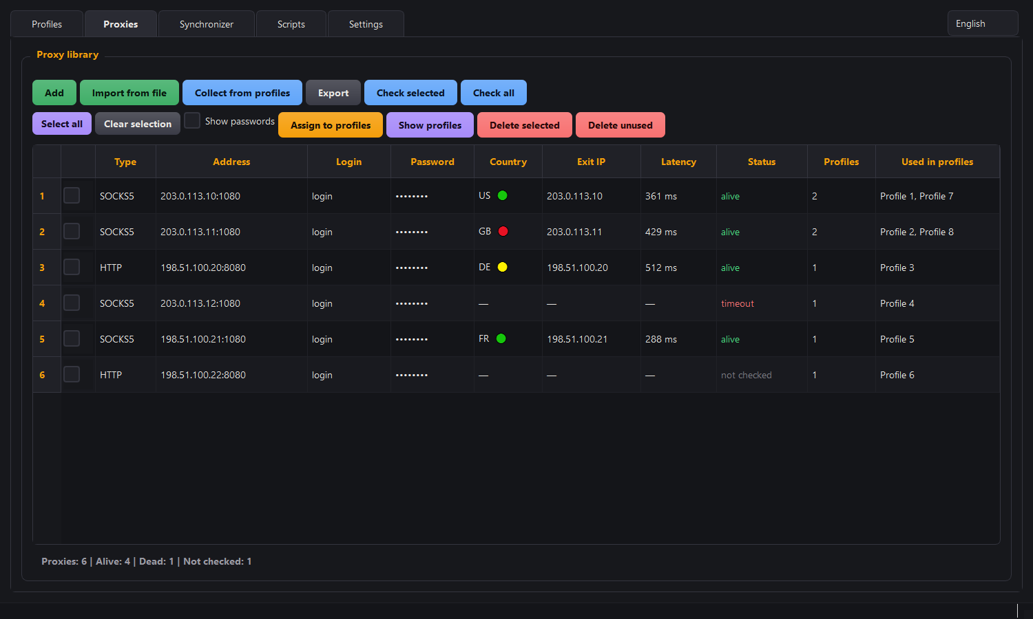 The Proxies tab: the address library, connectivity and country checks