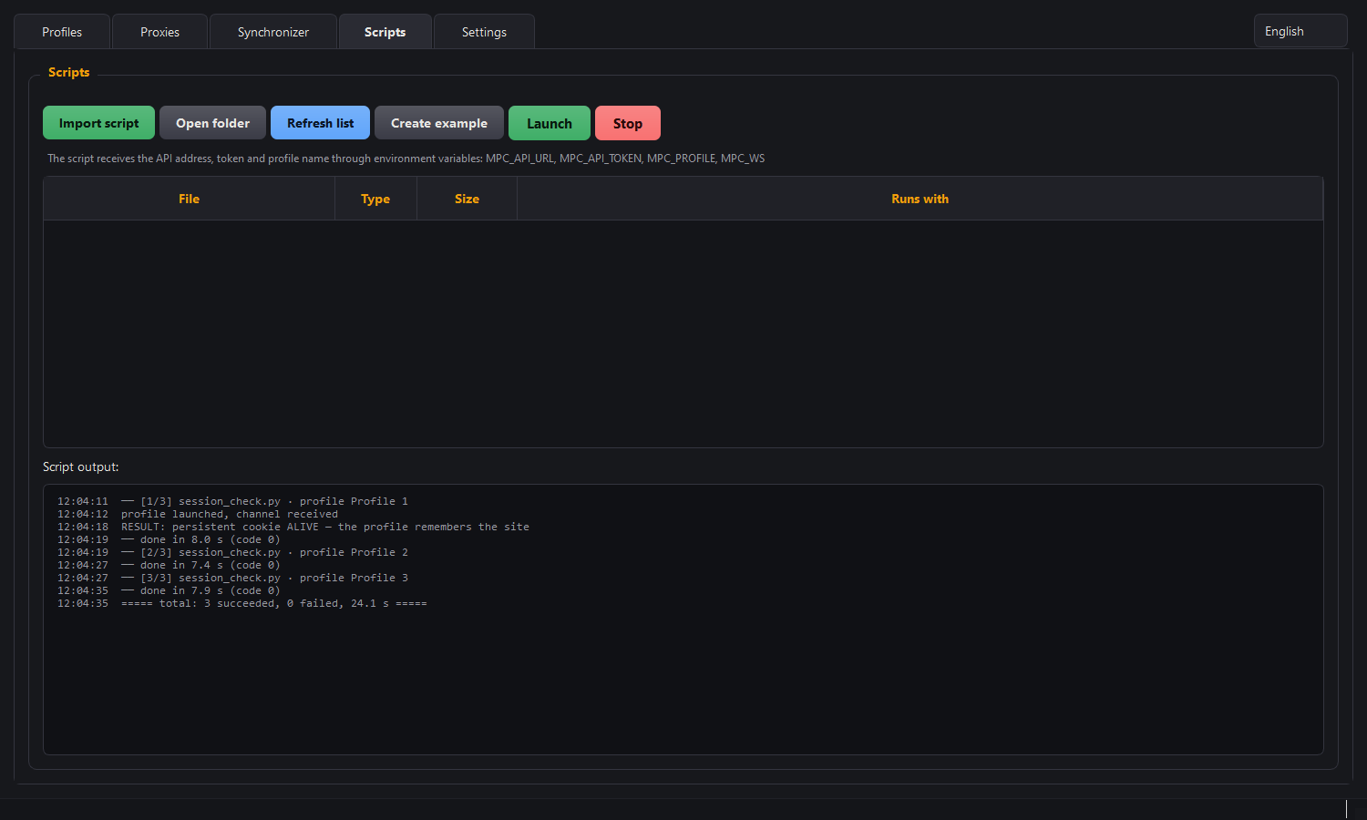 The Scripts tab: running your own scripts and their output