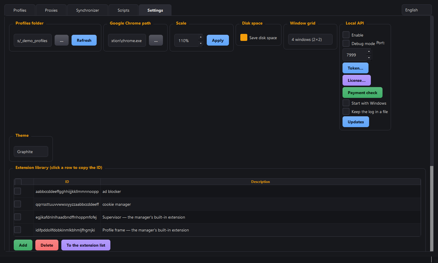 Settings: profile folder, scale, saving space, the window grid, the local API and the theme