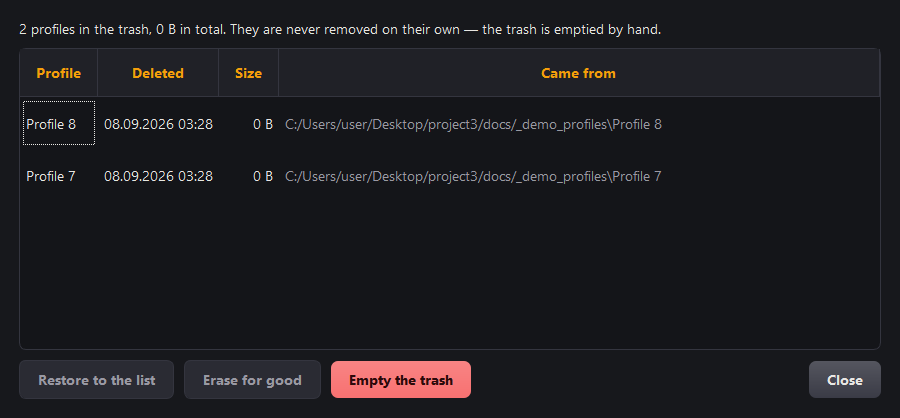 Trash: what was deleted, when, how big it is and where it came from