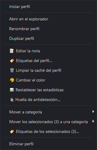 Menú contextual de un perfil: categorías, nota, huella, color