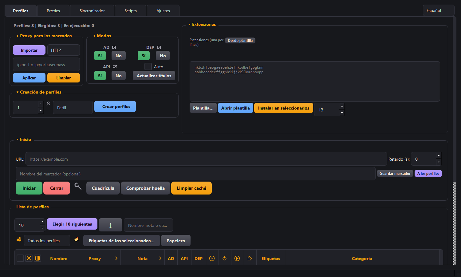 La ventana de Morfiade: la tabla de perfiles con proxies, categorías y notas