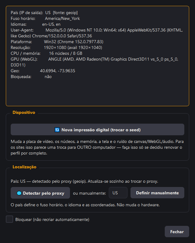 A janela da impressão digital: um resumo em cima e, em separado, os blocos «Dispositivo» e «Localização»