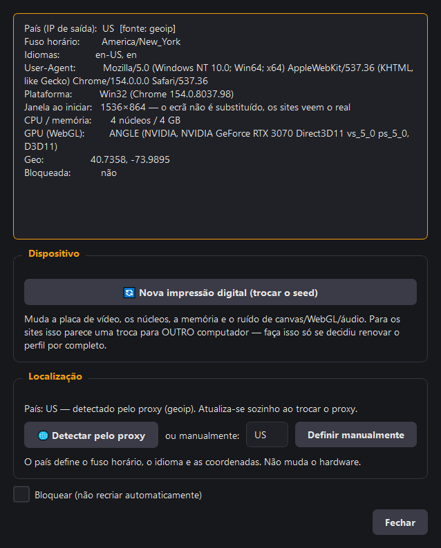 A janela da impressão digital: um resumo em cima e, em separado, os blocos «Dispositivo» e «Localização»