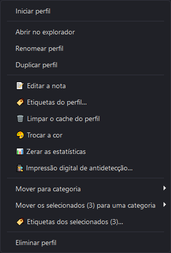 Menu de contexto de um perfil: categorias, nota, impressão digital, cor