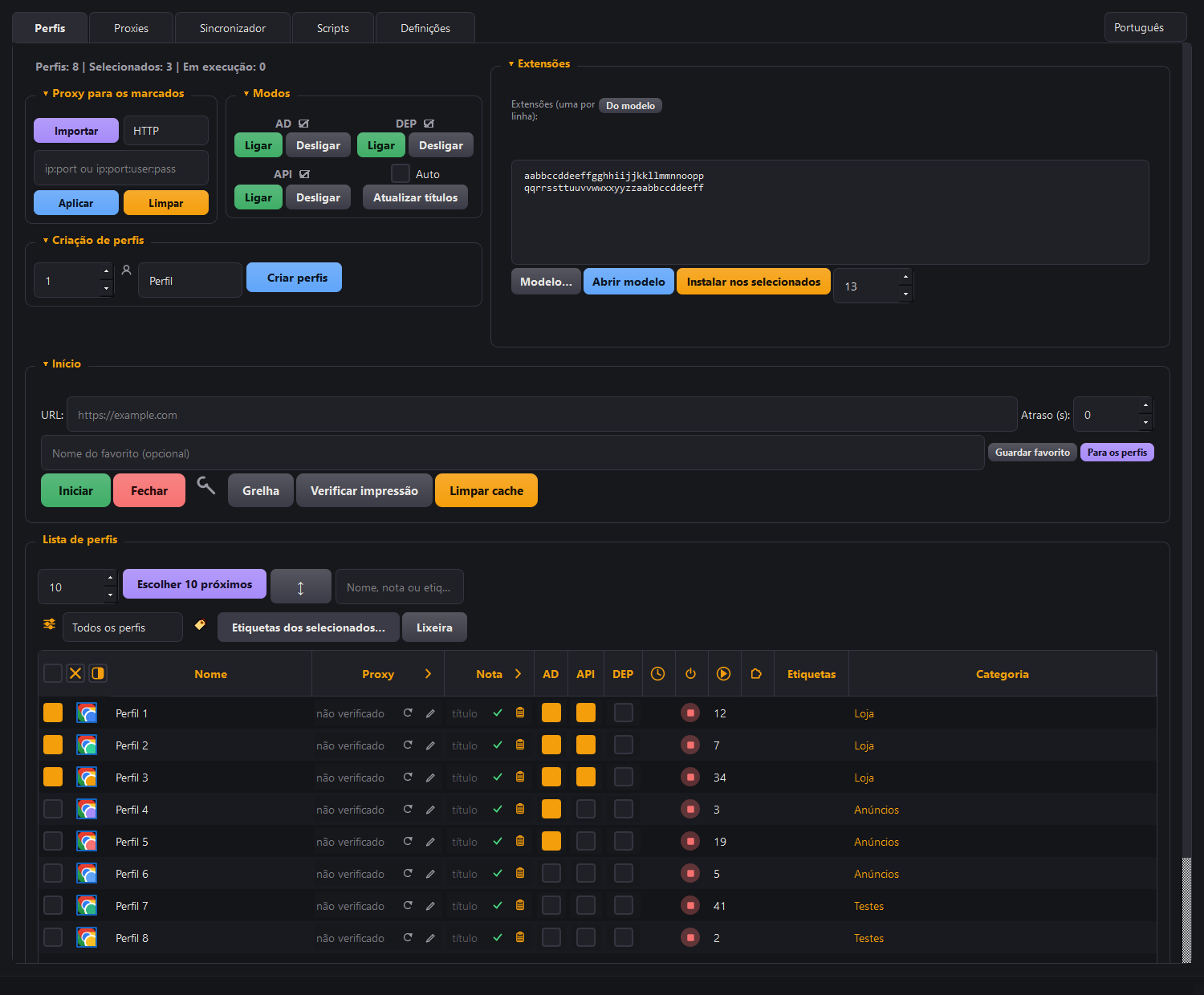 A janela do Morfiade: a tabela de perfis com proxies, categorias e notas