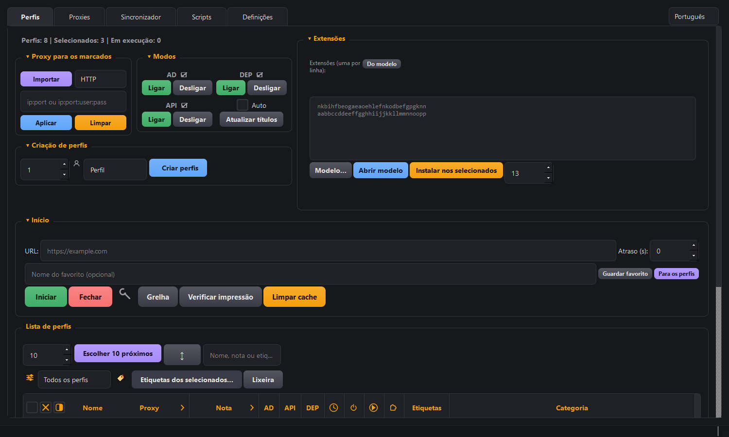 A janela do Morfiade: a tabela de perfis com proxies, categorias e notas