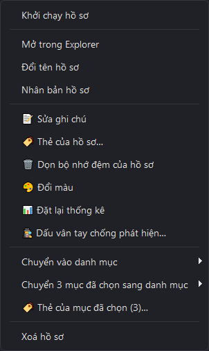 Menu ngữ cảnh của hồ sơ: danh mục, ghi chú, dấu vân tay, màu